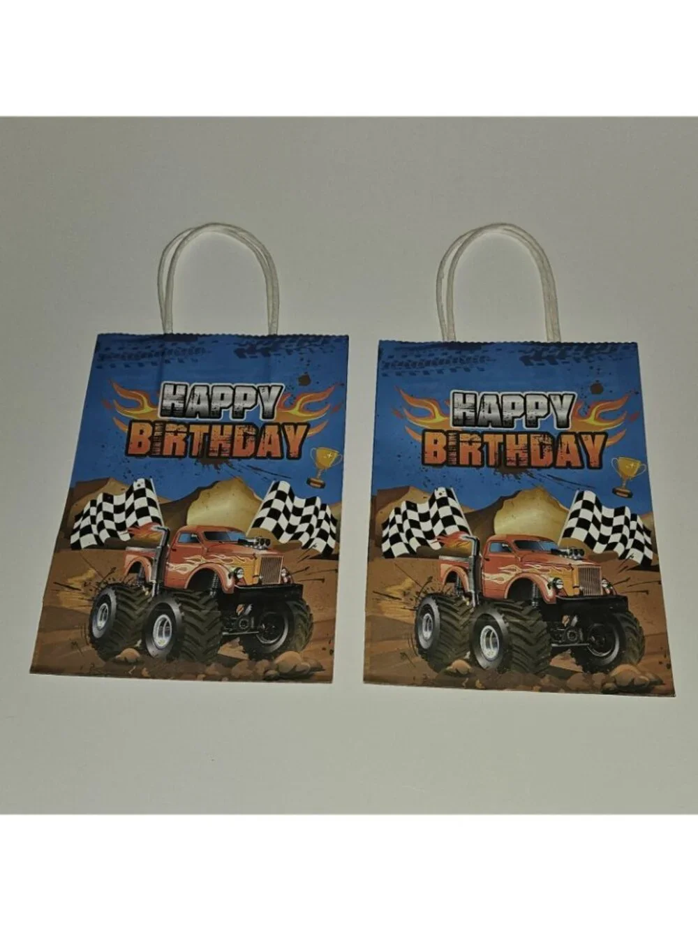 7 Monster Truck Happy Birthday Paper Gift Bag Lot 8.5x6 Green Blue Red Yellow
